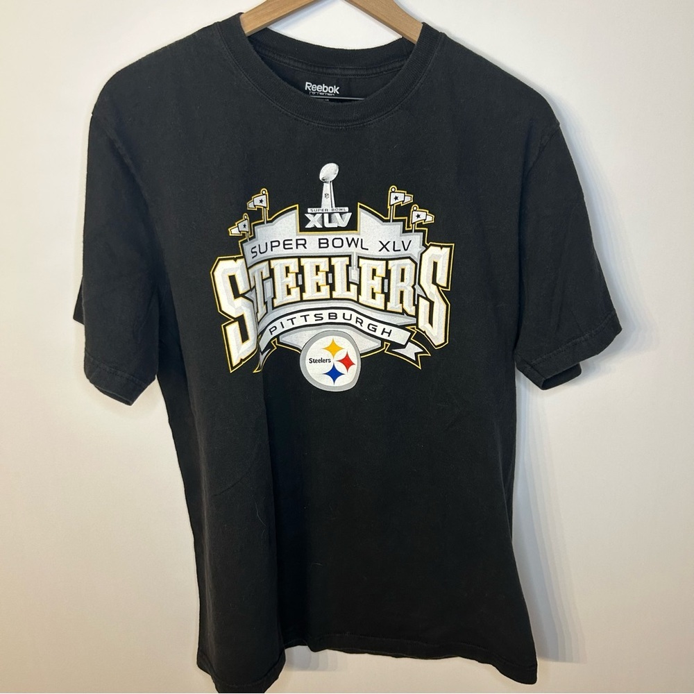Vintage Pittsburgh Steelers Black Reebok Super Bowl XLV 2011 T-Shirt, Size XL
